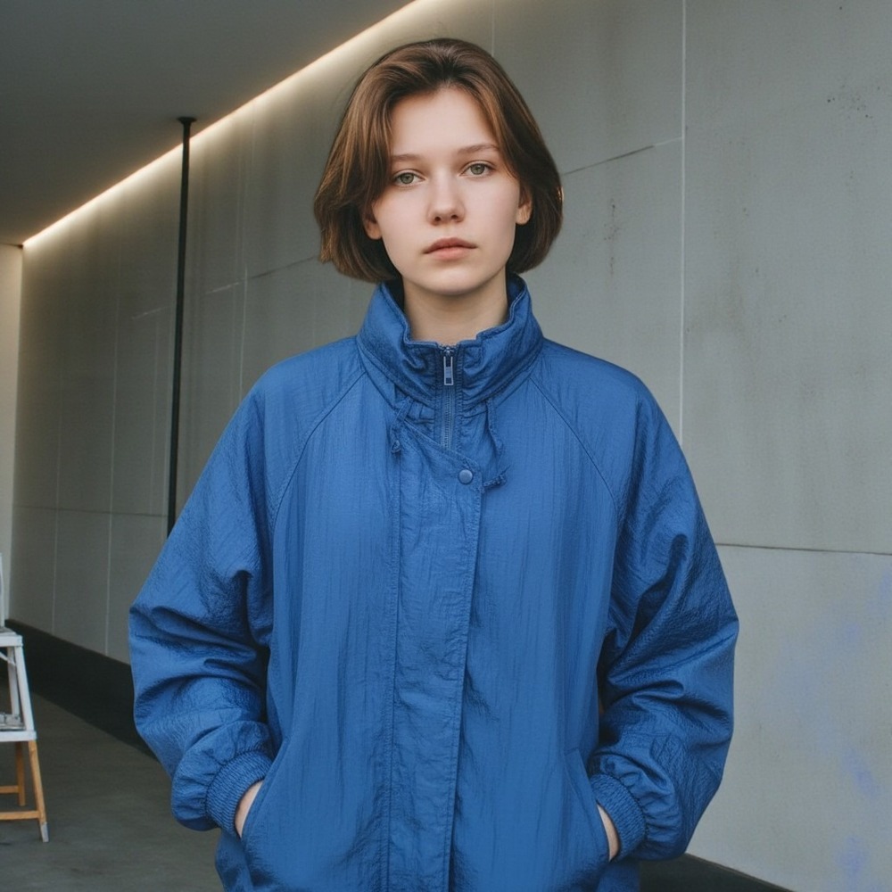Vintage 80s Blue Crinkle Windbreaker Jacket‎ Women's Small Oversized Retro